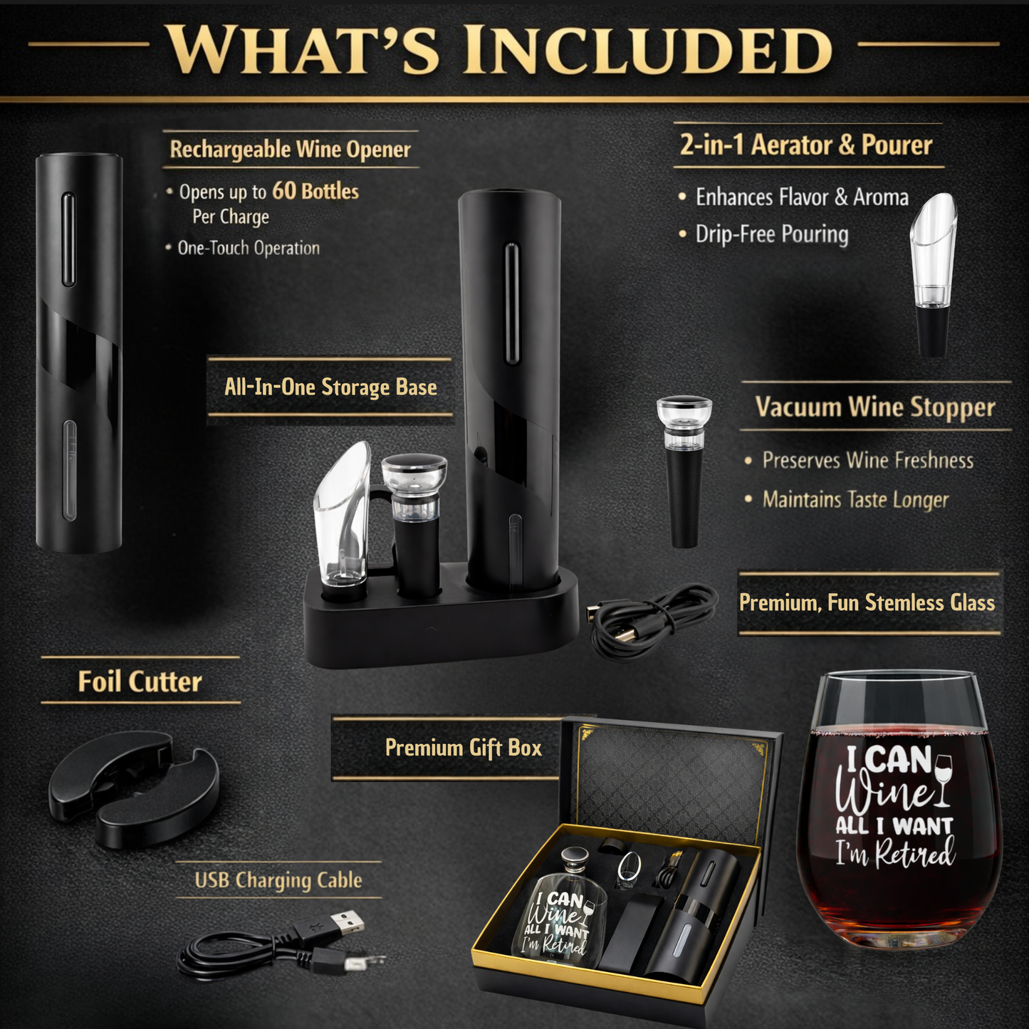Premium Electric Wine Opener Gift Set – “I Can Wine All I Want, I'm Retired”