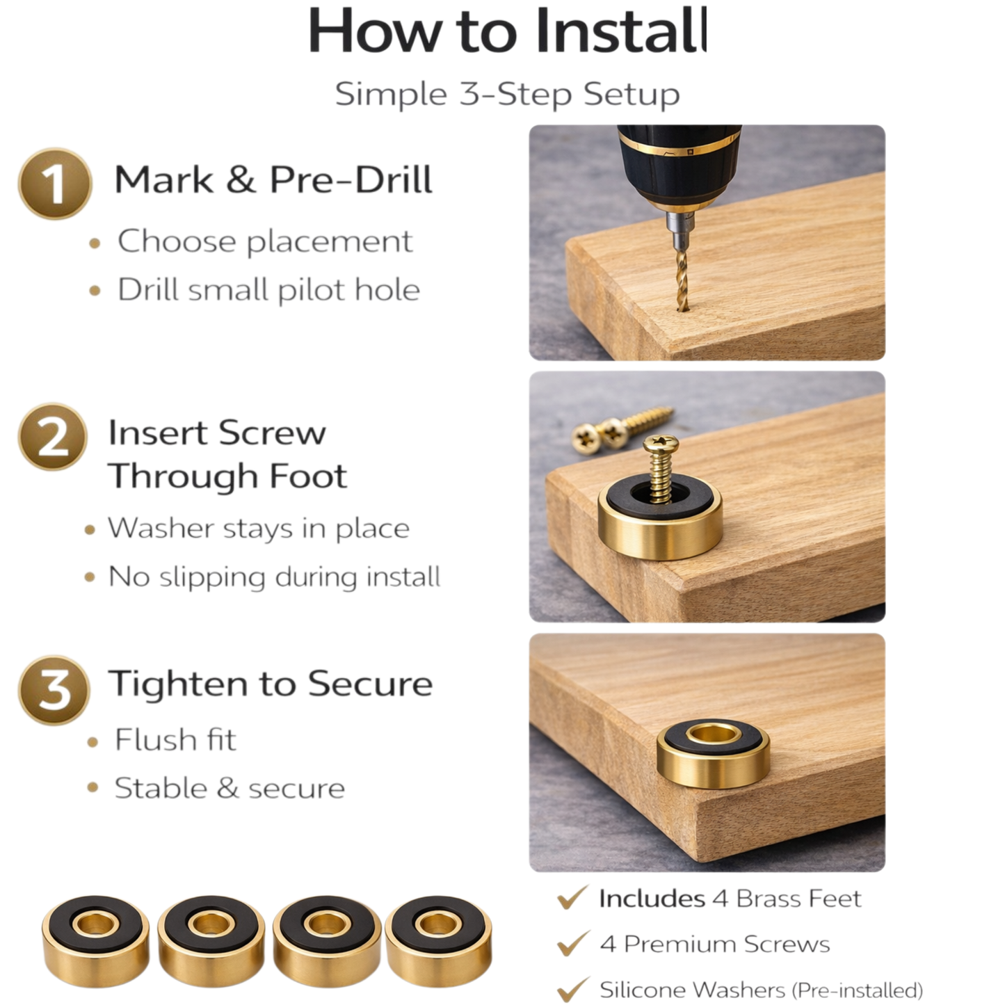 Premium Cutting Board Feet (Set of 4) – Non-Slip Silicone Grip | Brass, Stainless, or Black