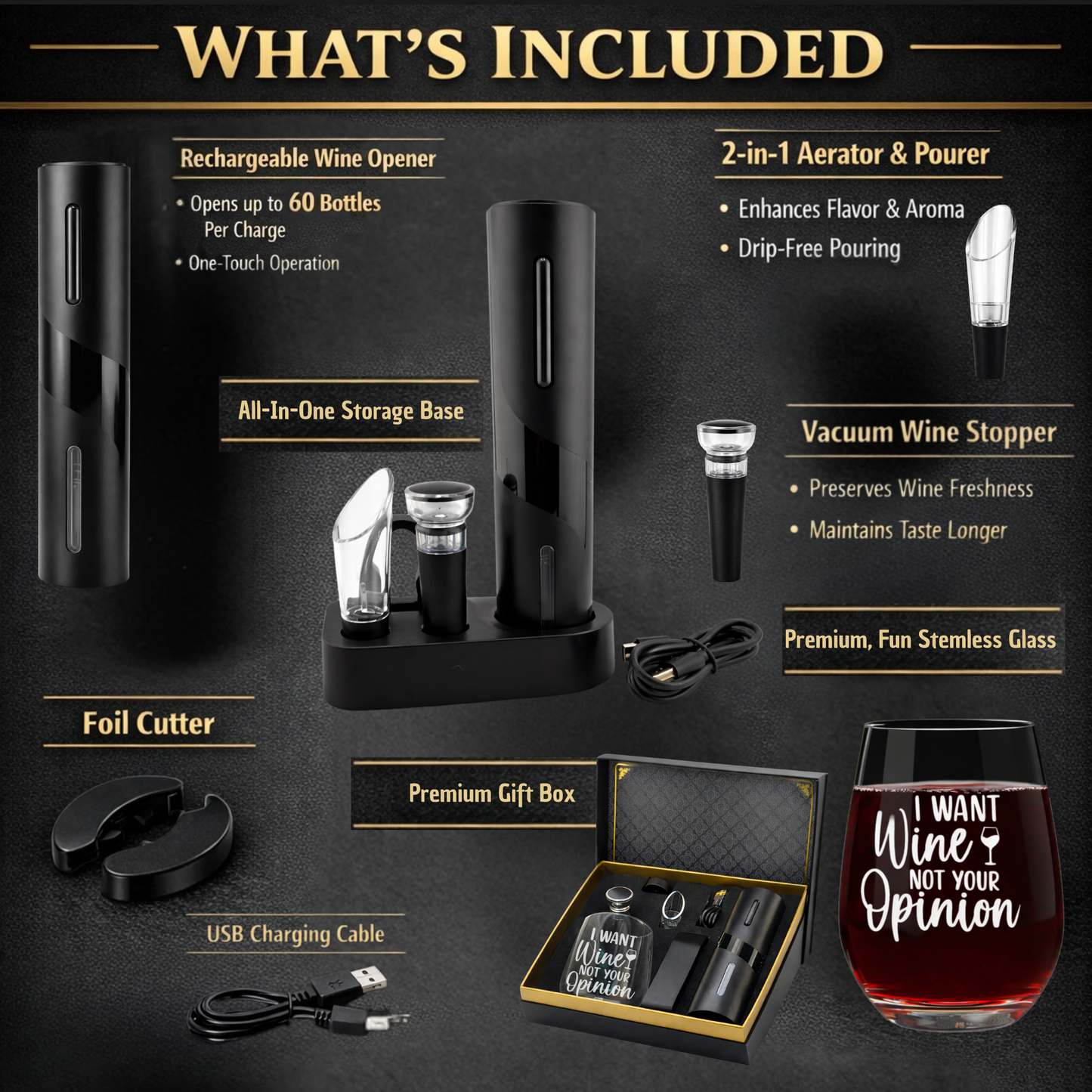 Premium Electric Wine Opener Gift Set – “I Want Wine, Not Your Opinion