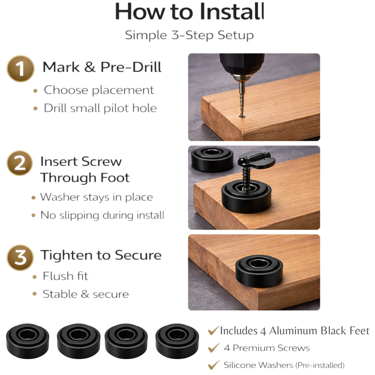 Premium Cutting Board Feet (Set of 4) – Non-Slip Silicone Grip | Brass, Stainless, or Black