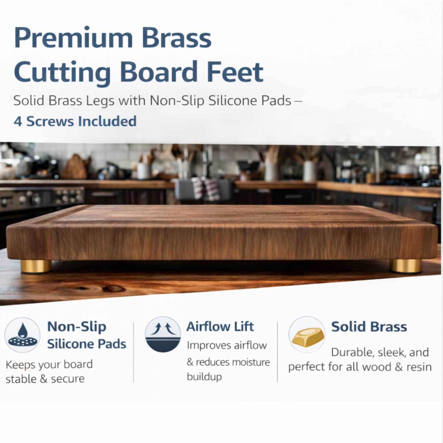 Premium Cutting Board Feet (Set of 4) – Non-Slip Silicone Grip | Brass, Stainless, or Black