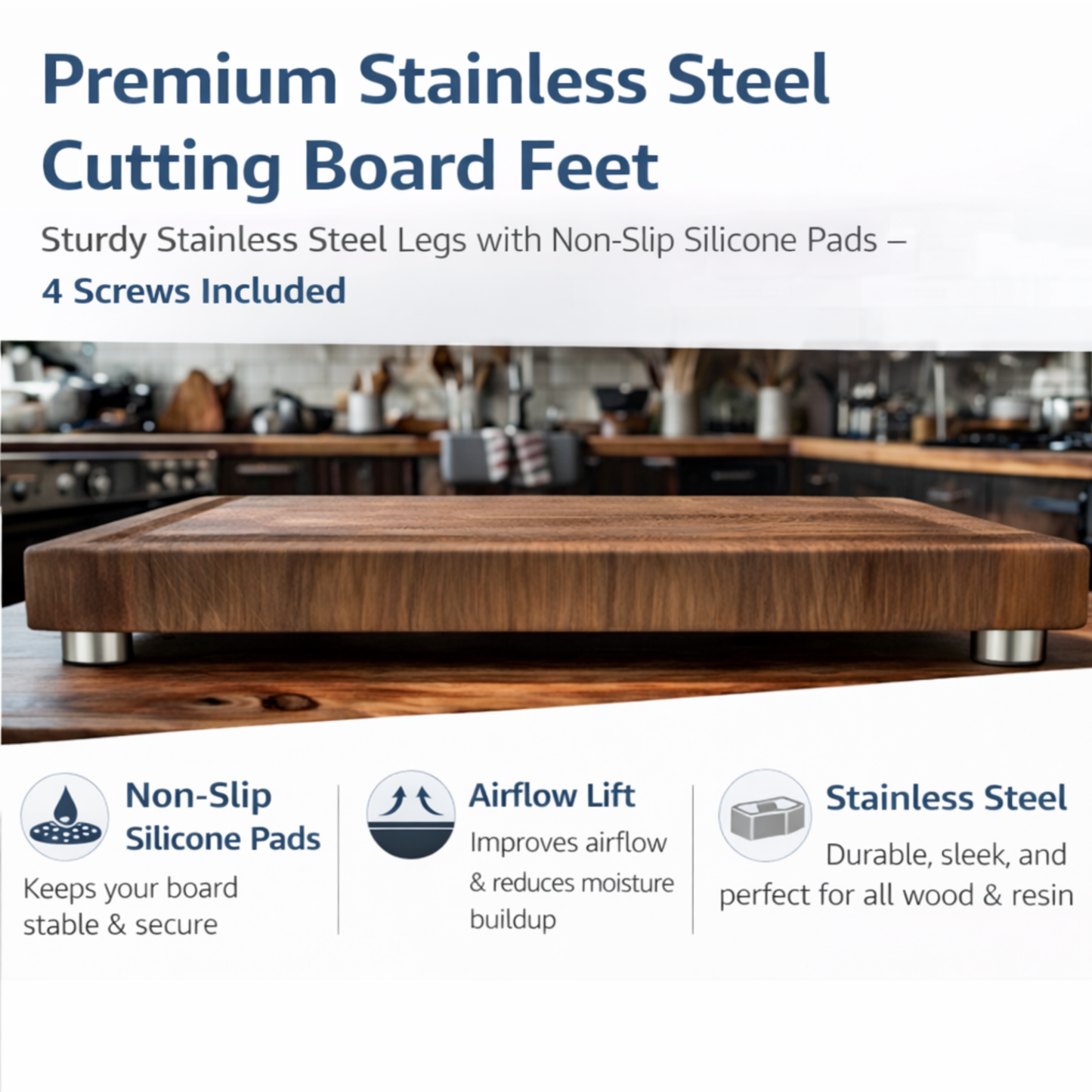 Premium Cutting Board Feet (Set of 4) – Non-Slip Silicone Grip | Brass, Stainless, or Black
