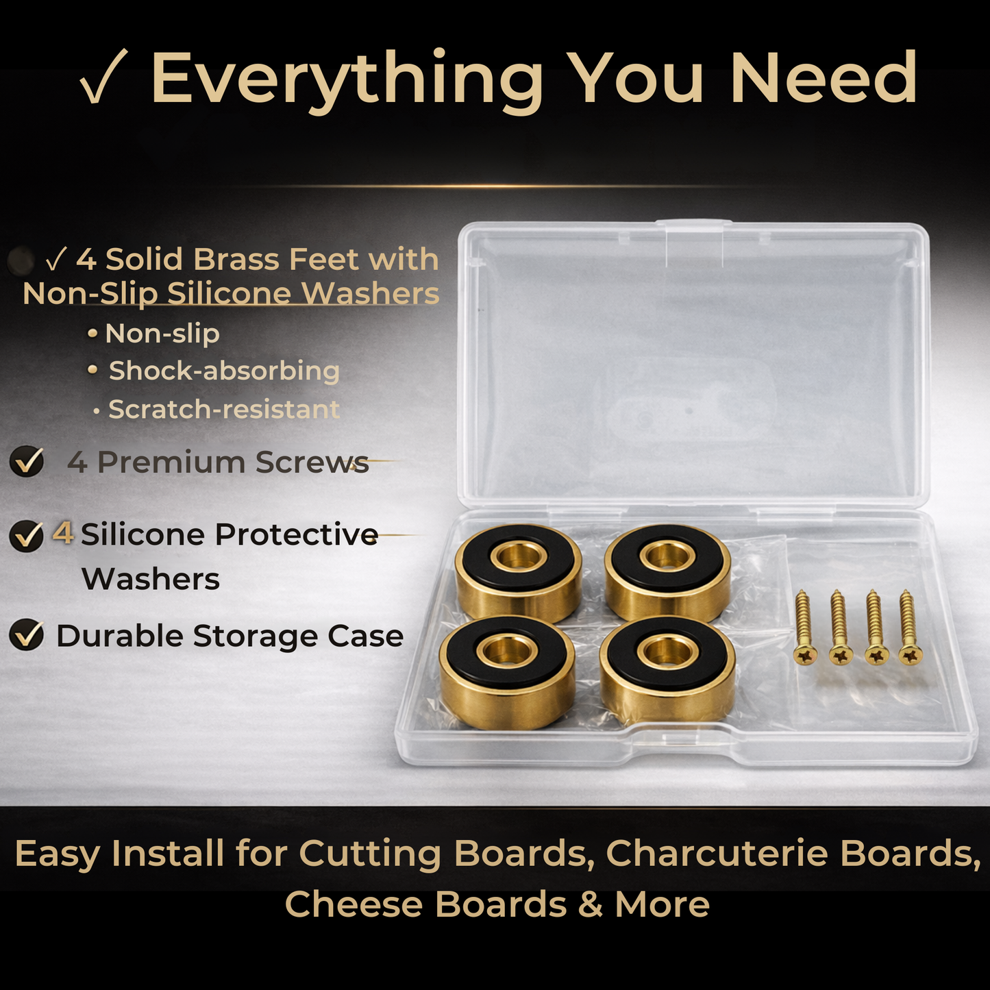 Premium Cutting Board Feet (Set of 4) – Non-Slip Silicone Grip | Brass, Stainless, or Black