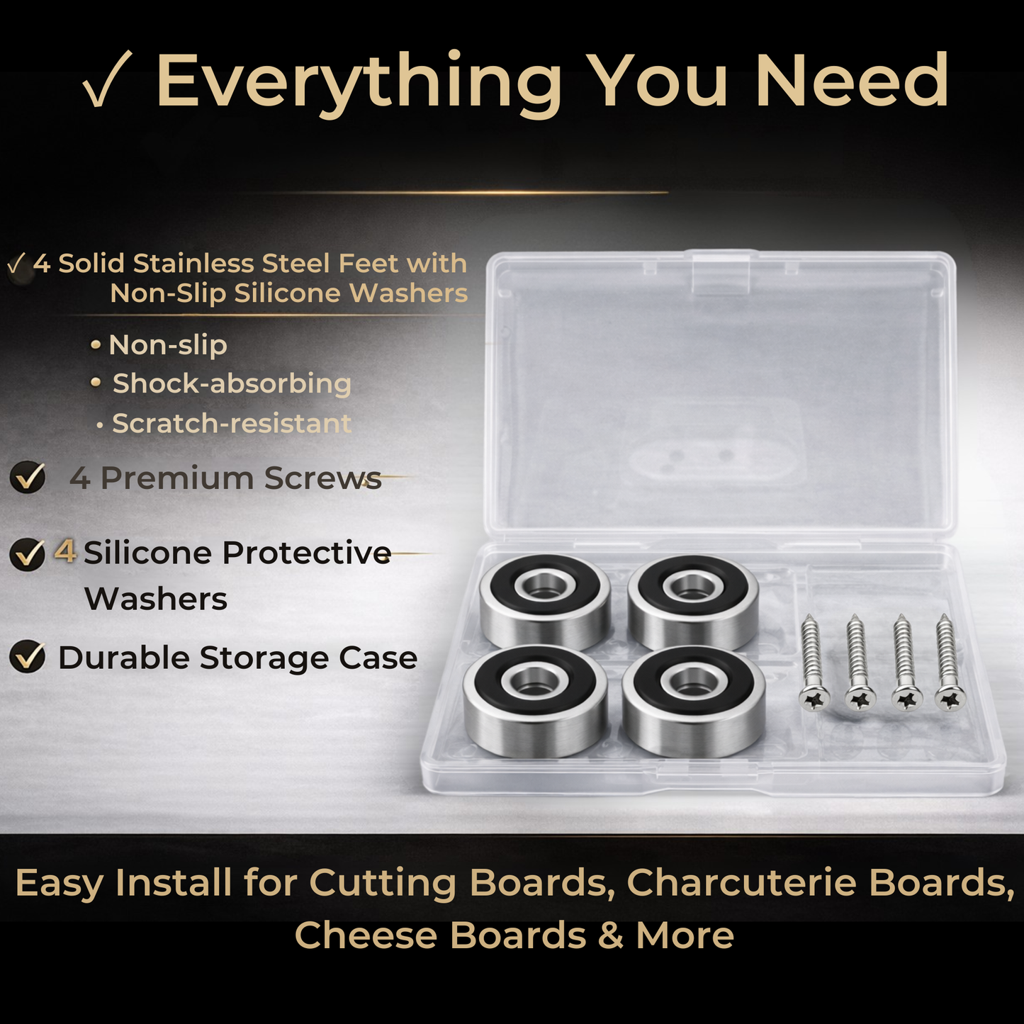 Premium Cutting Board Feet (Set of 4) – Non-Slip Silicone Grip | Brass, Stainless, or Black